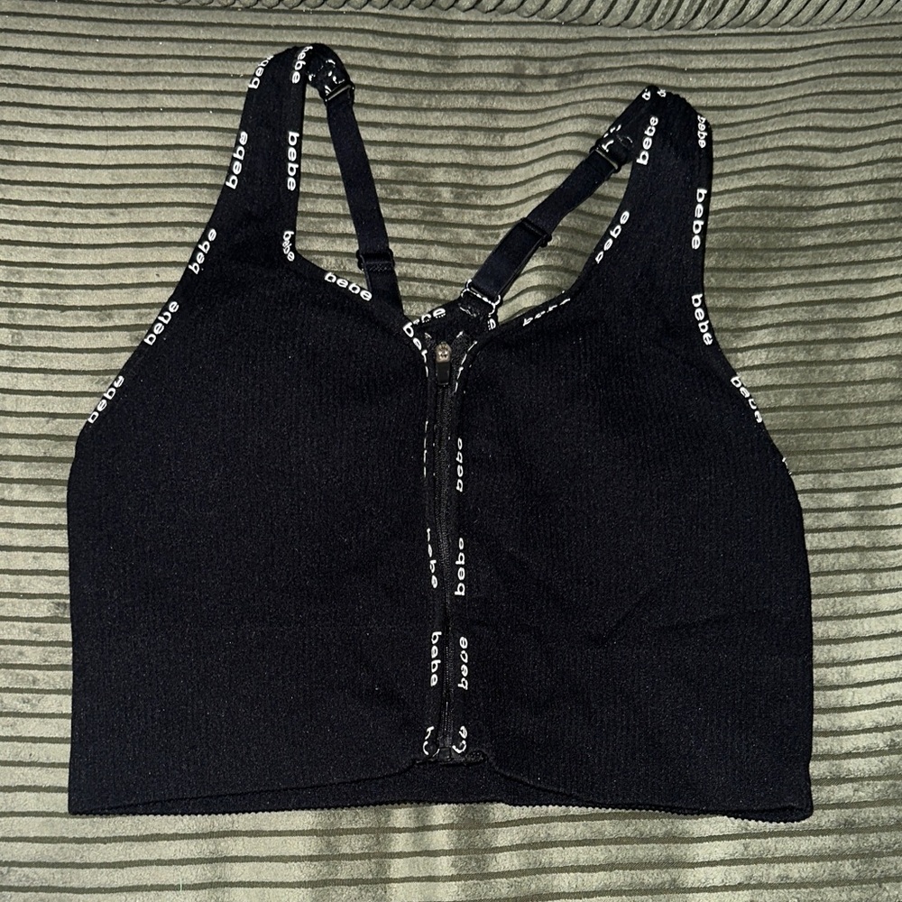 Bebe Black Ribbed Top with Branded Straps